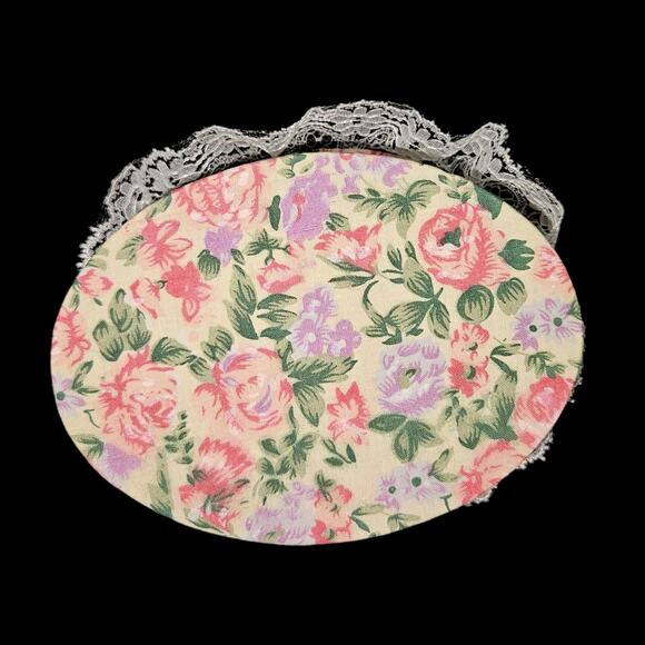 Vintage Floral Fabric Jewelry Box Oval Lace Trim Ribbon Bow Cottagecore Vanity - Picture 4 of 4